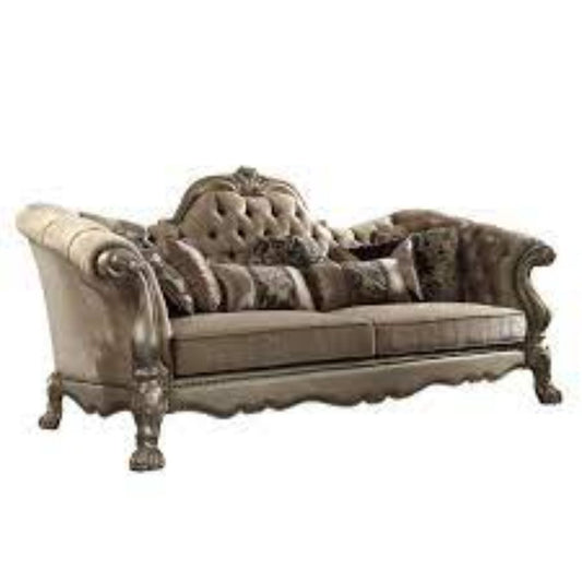 96" Bone Velvet Sofa And Toss Pillows With Gold Legs