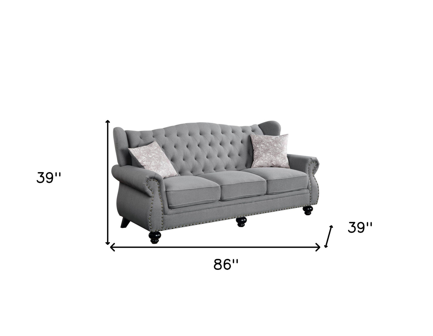 86" Gray Sofa And Toss Pillows With Black Legs