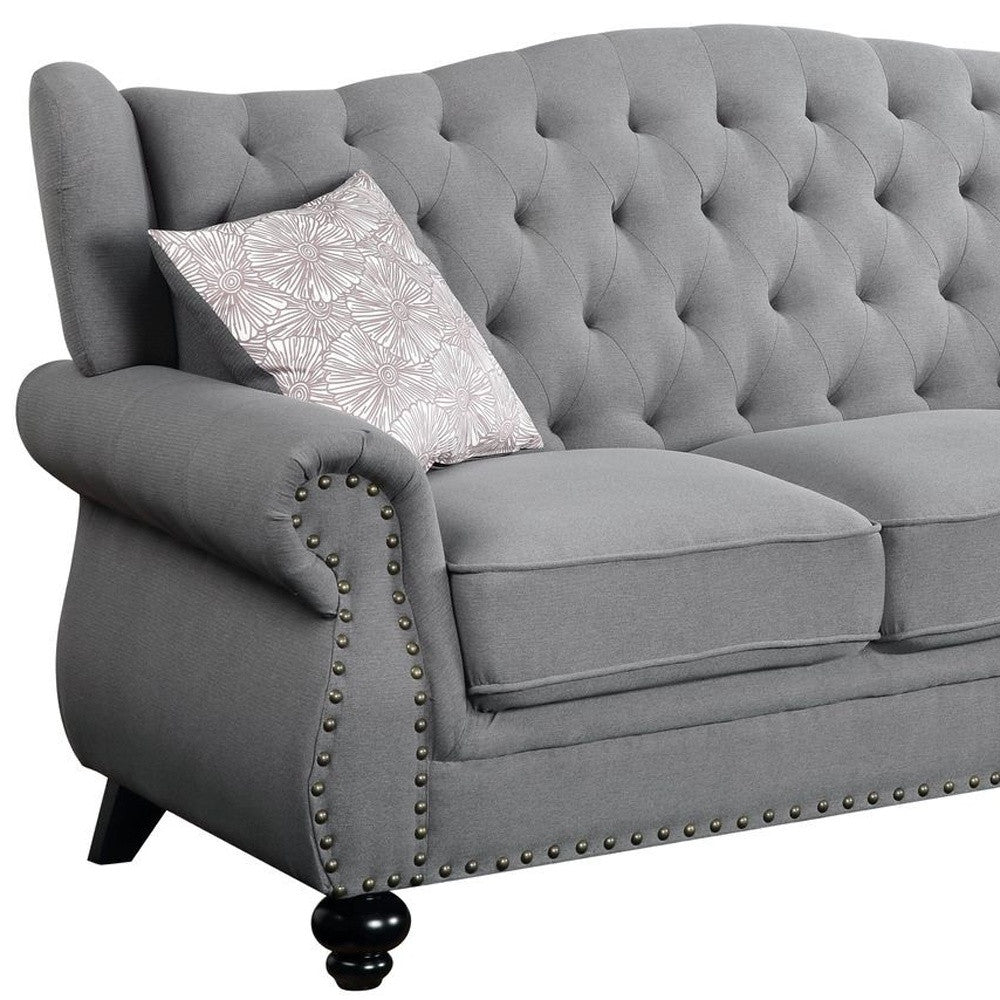 86" Gray Sofa And Toss Pillows With Black Legs