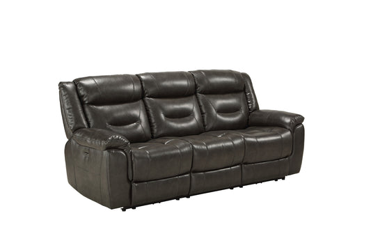 87" Gray Faux Leather Reclining USB Sofa With Black Legs