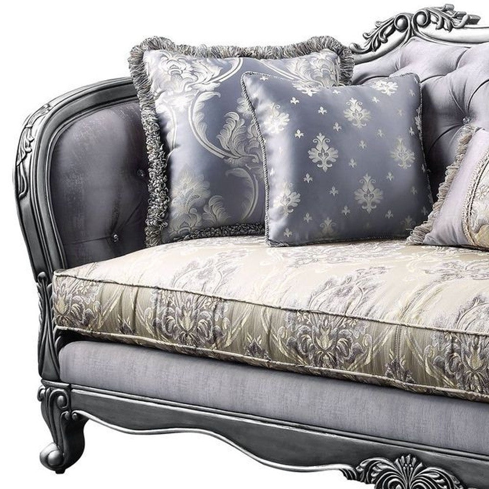 89" Platinum Imitation Silk Damask Sofa And Toss Pillows