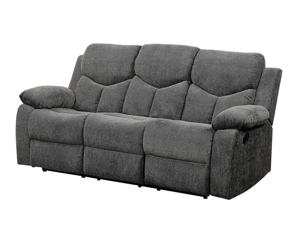 Gray fabric sofa with three cushioned seats, soft back cushions and wide padded armrests.