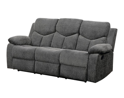Gray fabric sofa with three cushioned seats, soft back cushions and wide padded armrests.