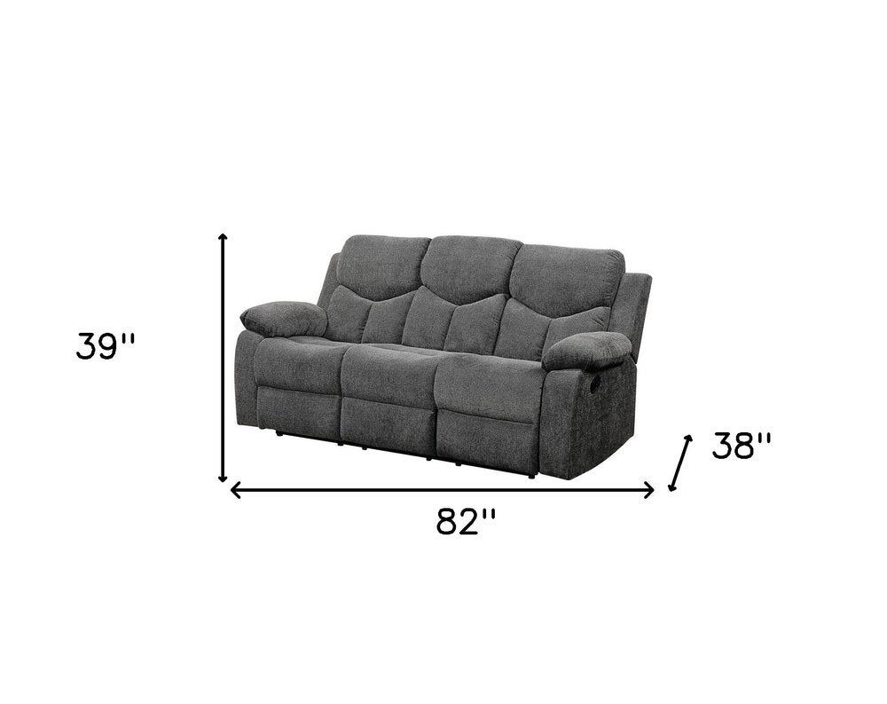 Gray fabric 3-seat sofa with plush back cushions and wide arms; 82 in W x 39 in H x 38 in D.