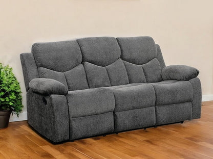 Gray textured fabric 3-seat reclining sofa with plush back cushions and padded armrests in a living room