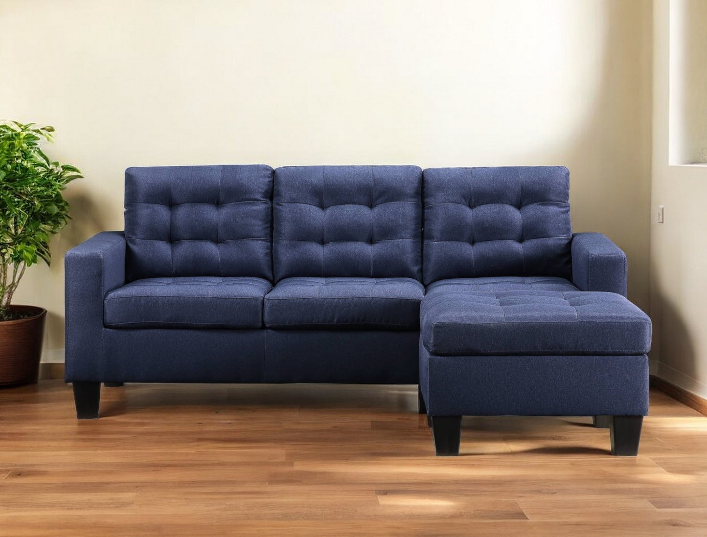 81" Blue Linen Sofa With Ottoman With Black Legs