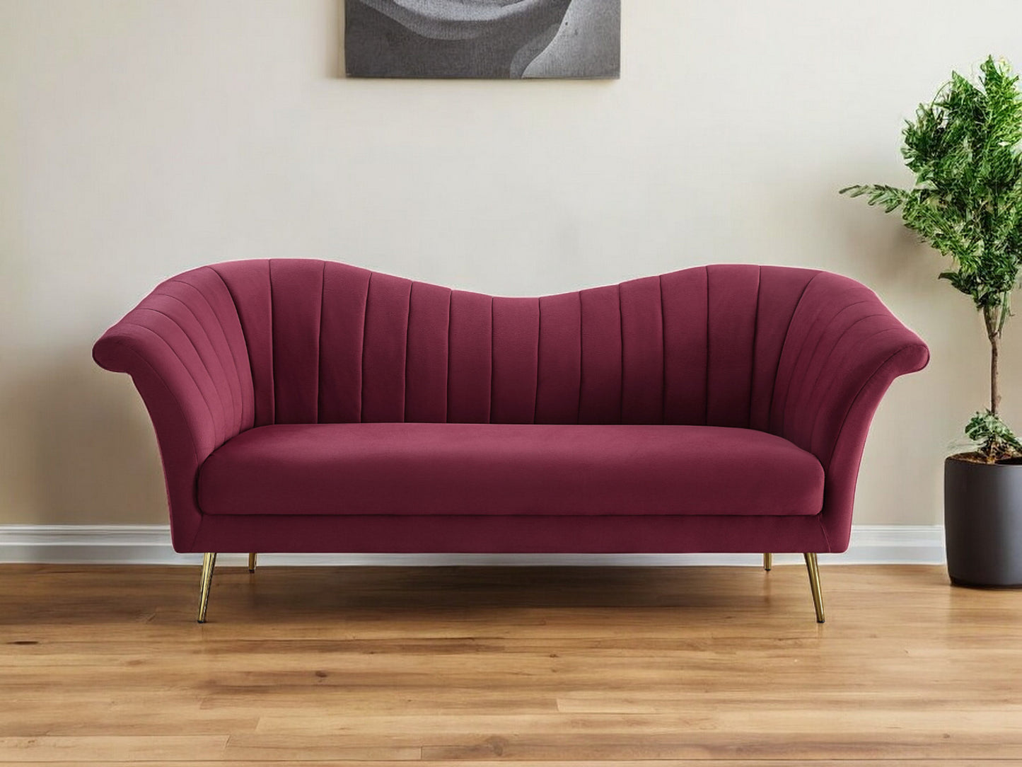 80" Red Velvet Sofa With Gold Legs