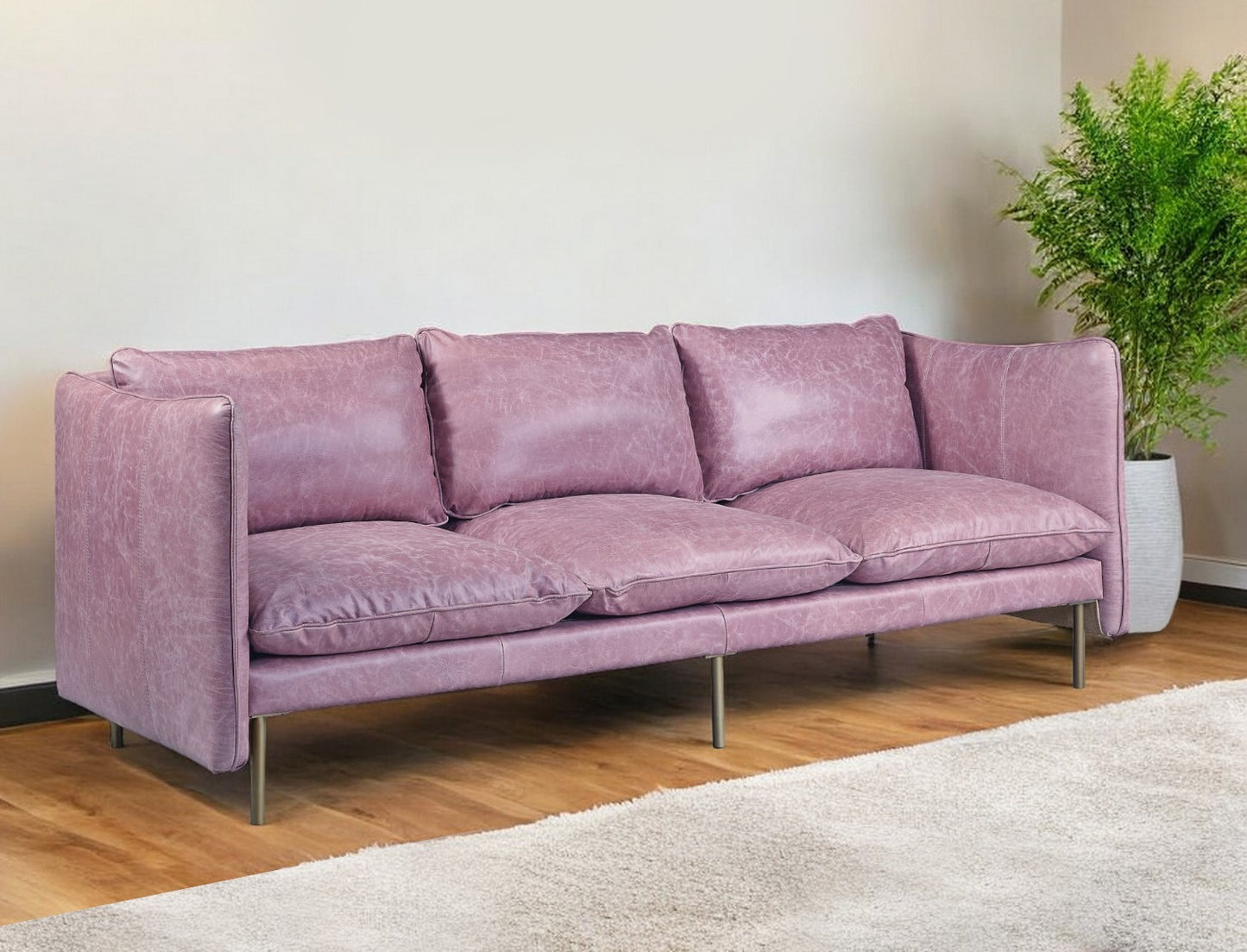 91" Wisteria Top Grain Leather Sofa With Black Legs