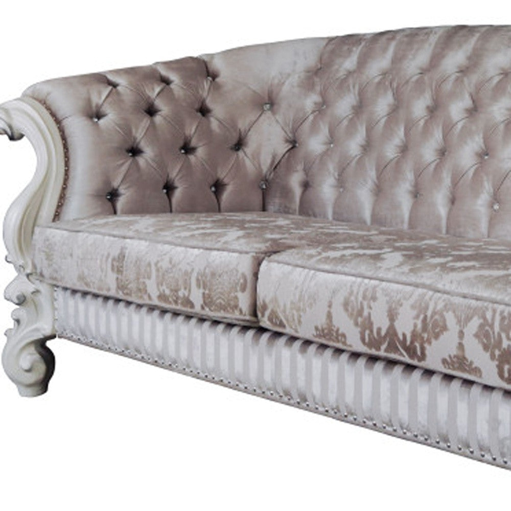 99" Ivory Velvet Damask Sofa And Toss Pillows With Bone Legs