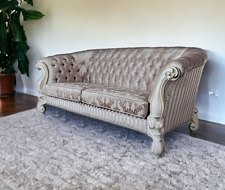 99" Ivory Velvet Damask Sofa And Toss Pillows With Bone Legs