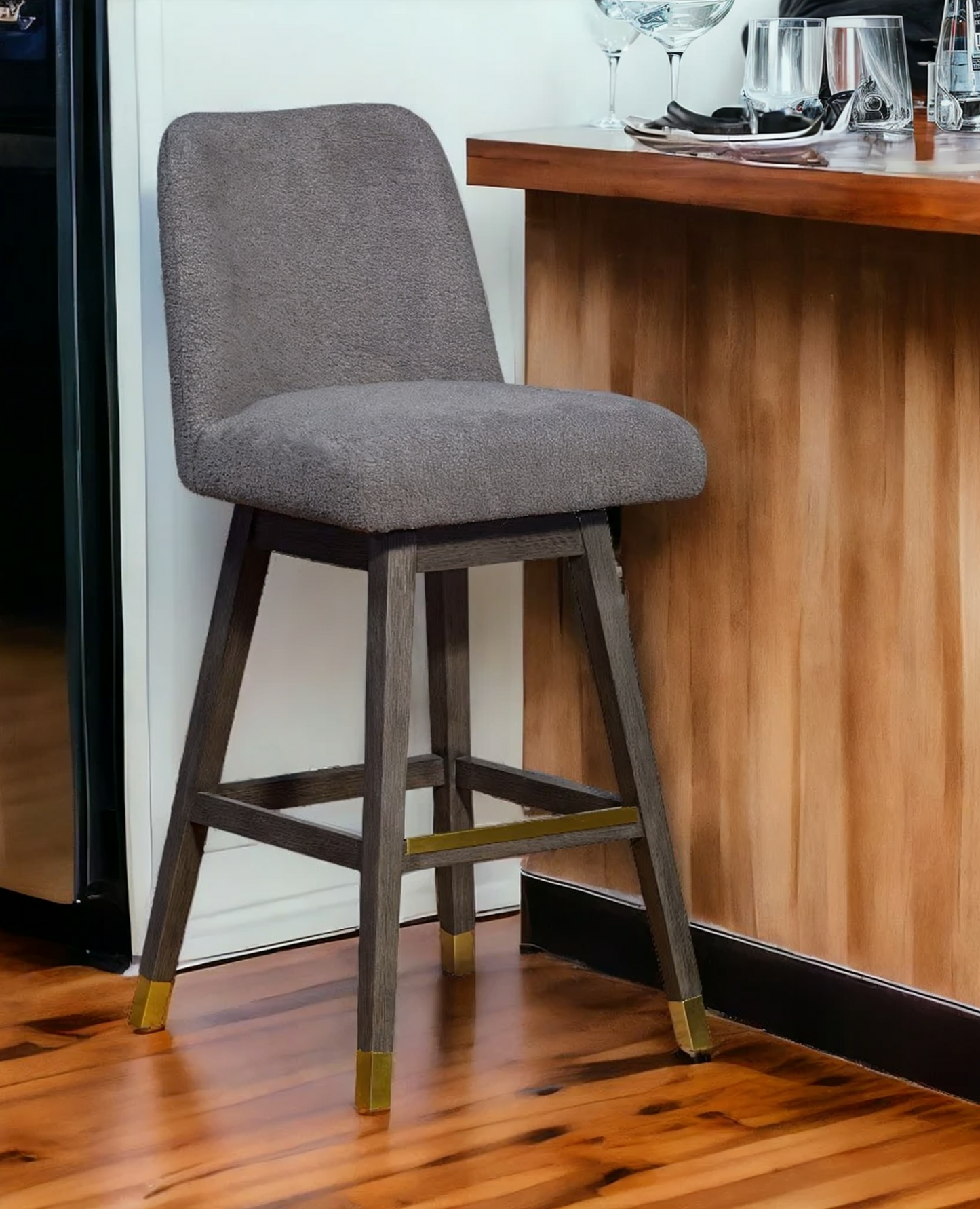 Grey And Gray Solid Wood Swivel Bar Height Bar Chair