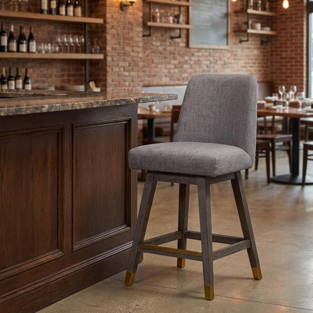 26" Taupe And Gray Fabric And Solid Wood Counter Height Swivel Bar Chair