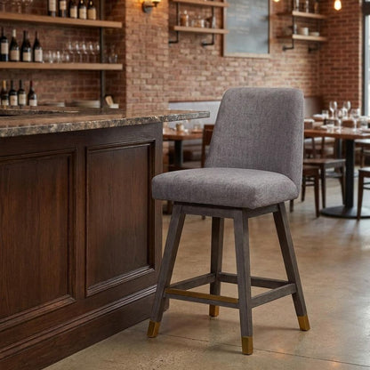 26" Taupe And Gray Fabric And Solid Wood Counter Height Swivel Bar Chair