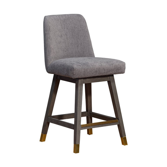 26" Taupe And Gray Fabric And Solid Wood Counter Height Swivel Bar Chair