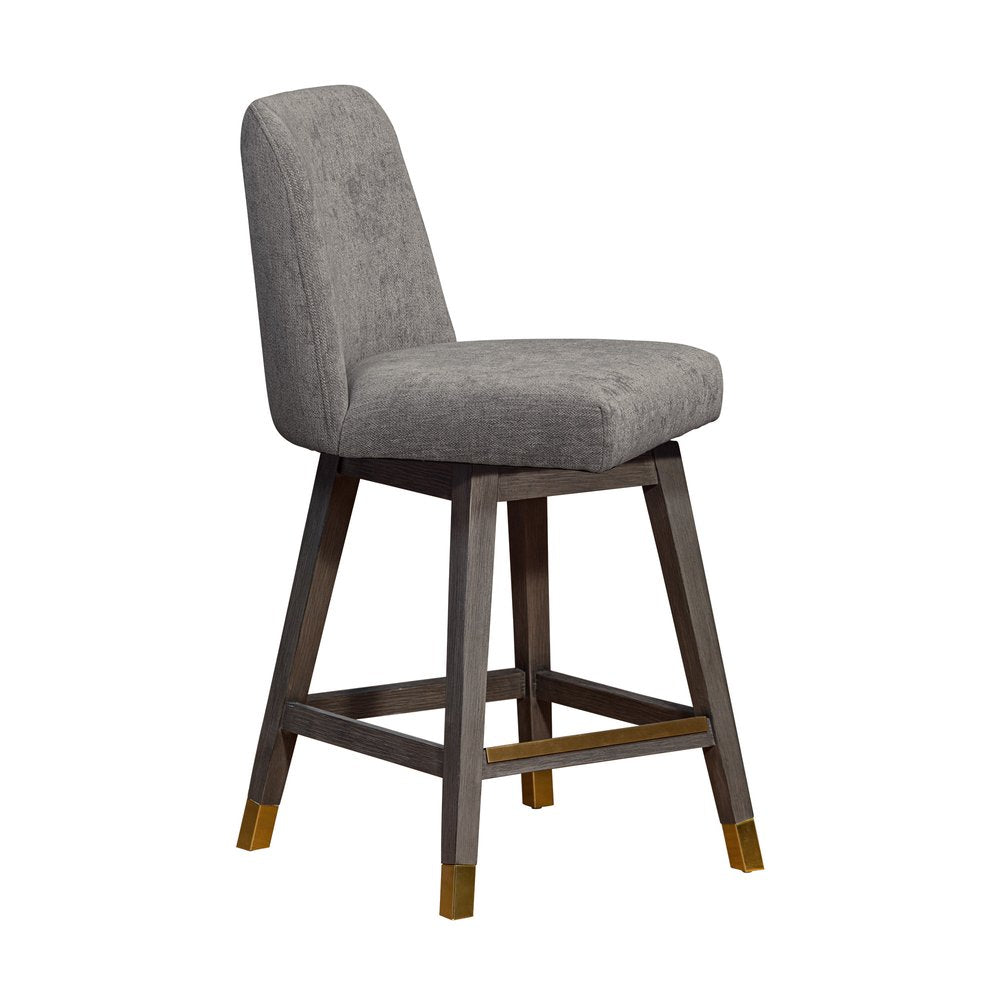 26" Taupe And Gray Fabric And Solid Wood Counter Height Swivel Bar Chair
