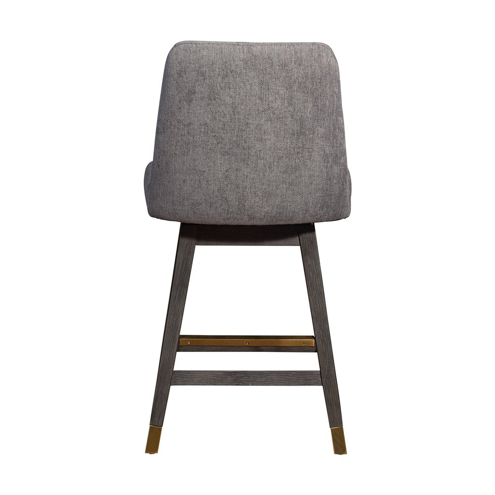 26" Taupe And Gray Fabric And Solid Wood Counter Height Swivel Bar Chair
