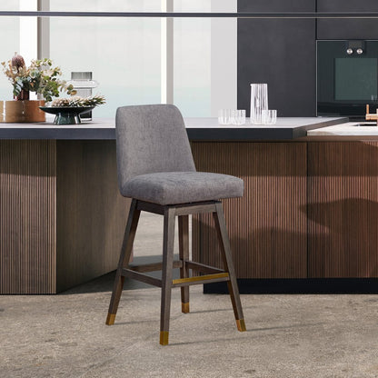 26" Taupe And Gray Fabric And Solid Wood Counter Height Swivel Bar Chair