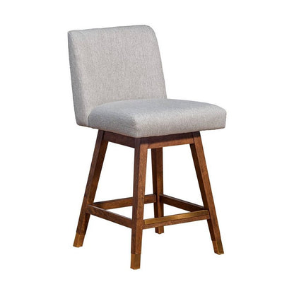 26" Taupe And Brown Fabric And Solid Wood Counter Height Swivel Bar Chair