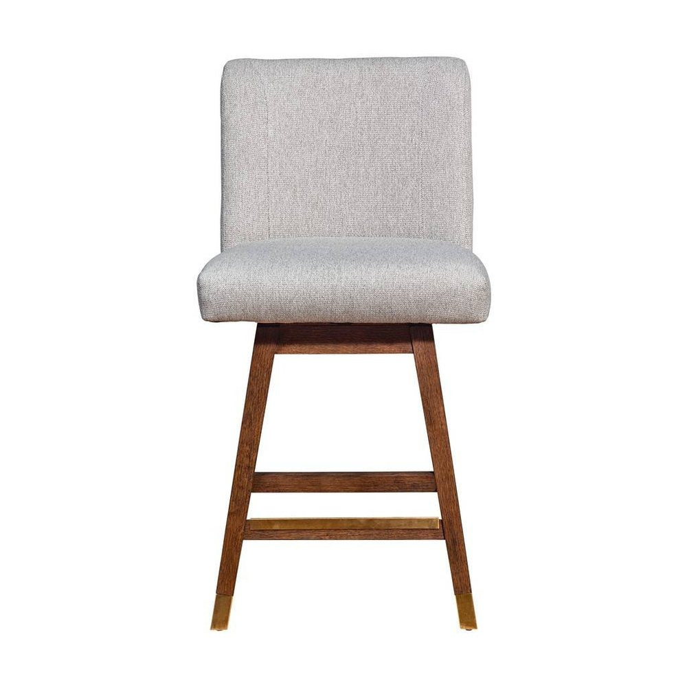 26" Taupe And Brown Fabric And Solid Wood Counter Height Swivel Bar Chair