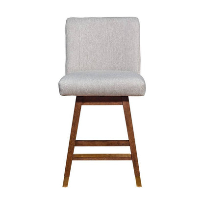 26" Taupe And Brown Fabric And Solid Wood Counter Height Swivel Bar Chair