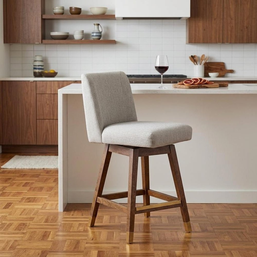 26" Taupe and Brown Solid Wood Counter Height Swivel Bar Chair