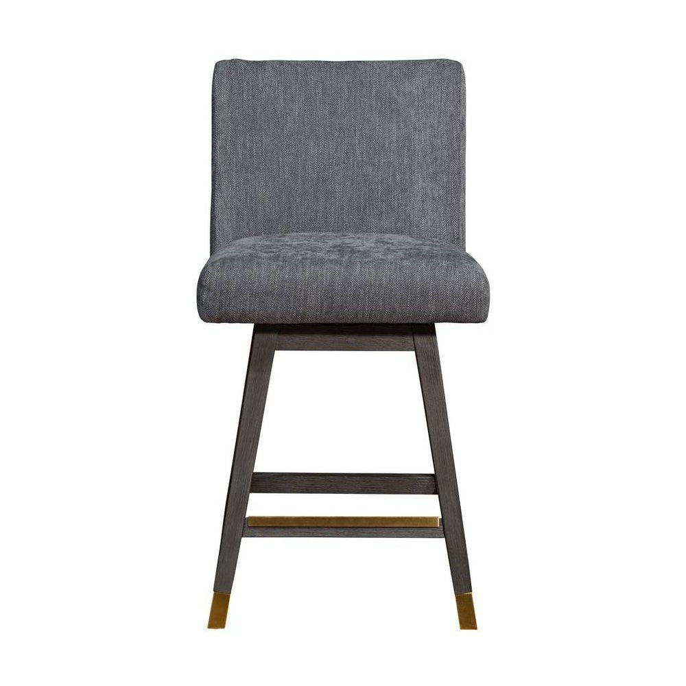 26" Gray And Brown Fabric And Solid Wood Counter Height Swivel Bar Chair