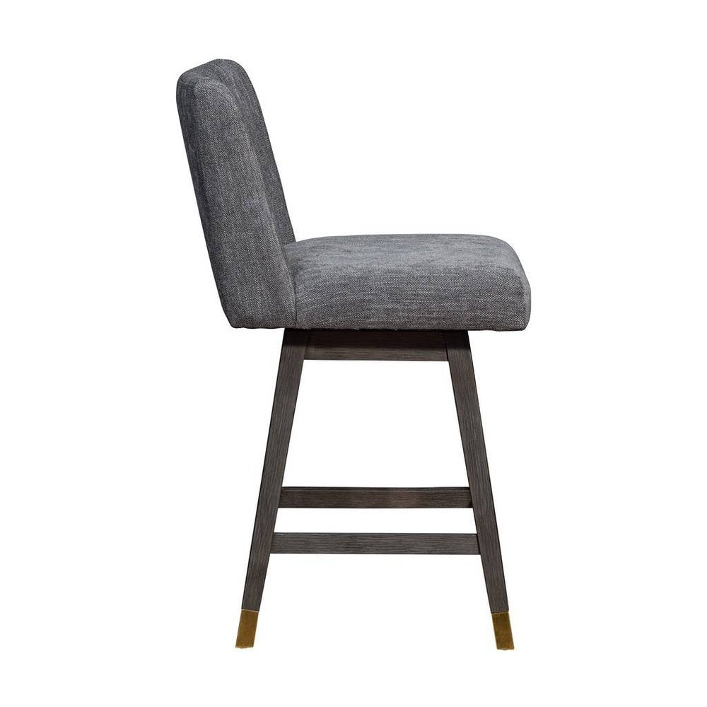 26" Gray And Brown Fabric And Solid Wood Counter Height Swivel Bar Chair