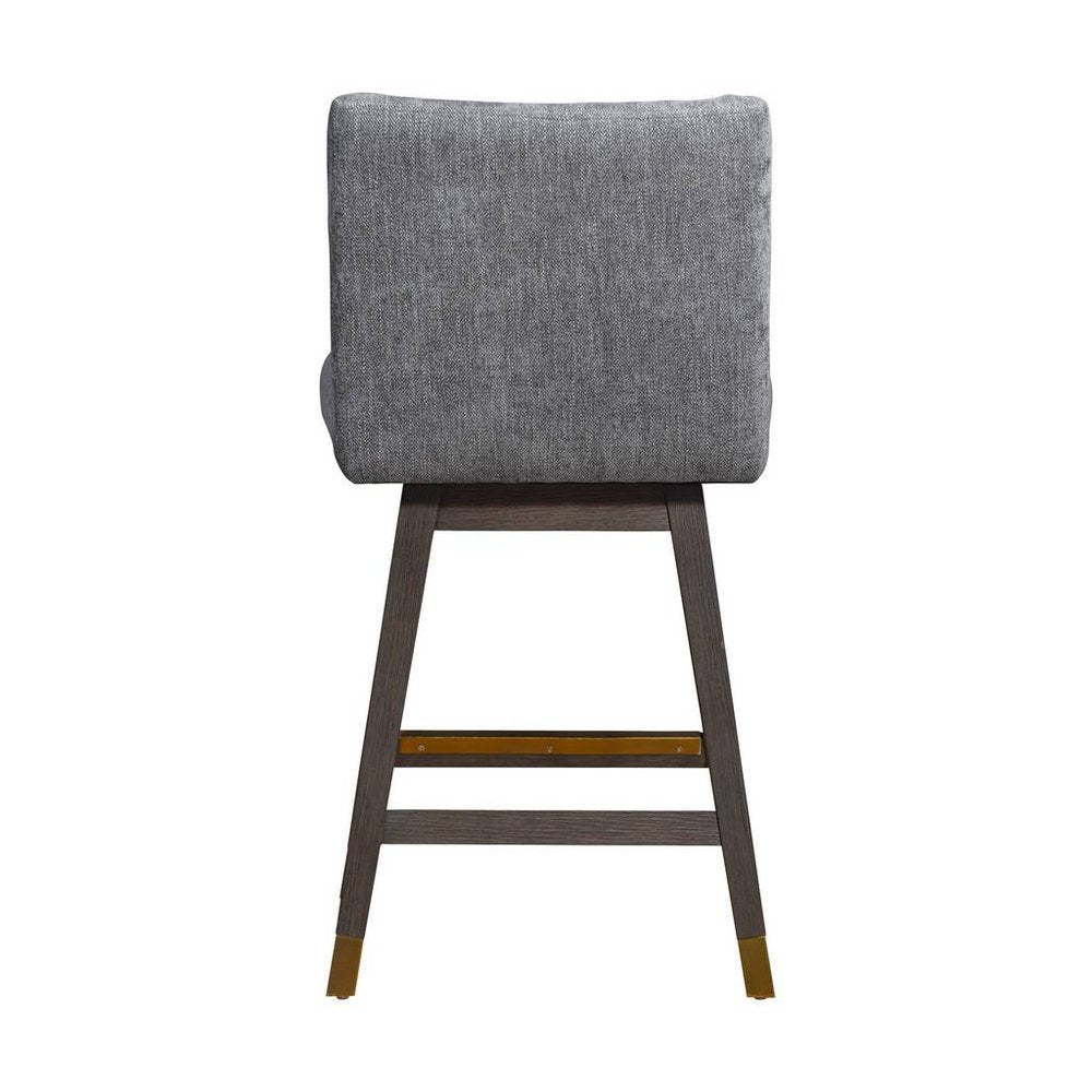 26" Gray And Brown Fabric And Solid Wood Counter Height Swivel Bar Chair