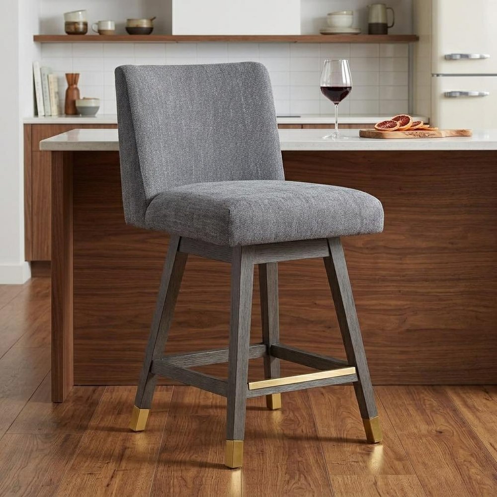 26" Gray and Brown Solid Wood Counter Height Swivel Bar Chair