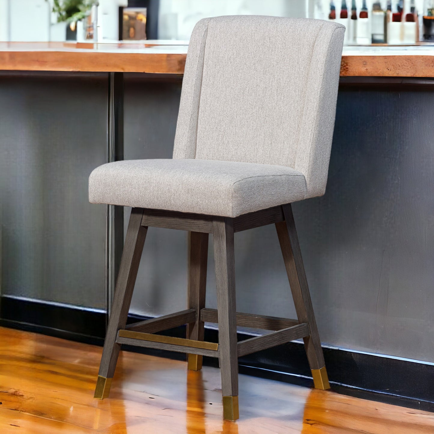 Taupe And Gray Solid Wood Swivel Counter Height Bar Chair