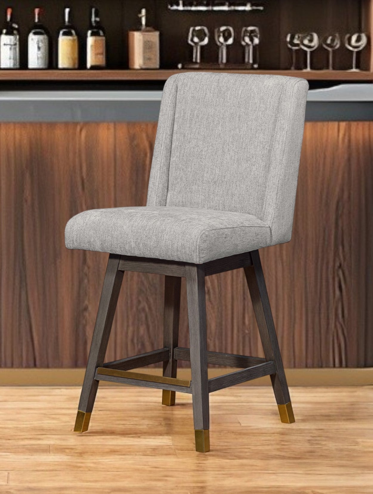 26" Brown and Gray Fabric and Solid Wood Counter Height Swivel Bar Chair