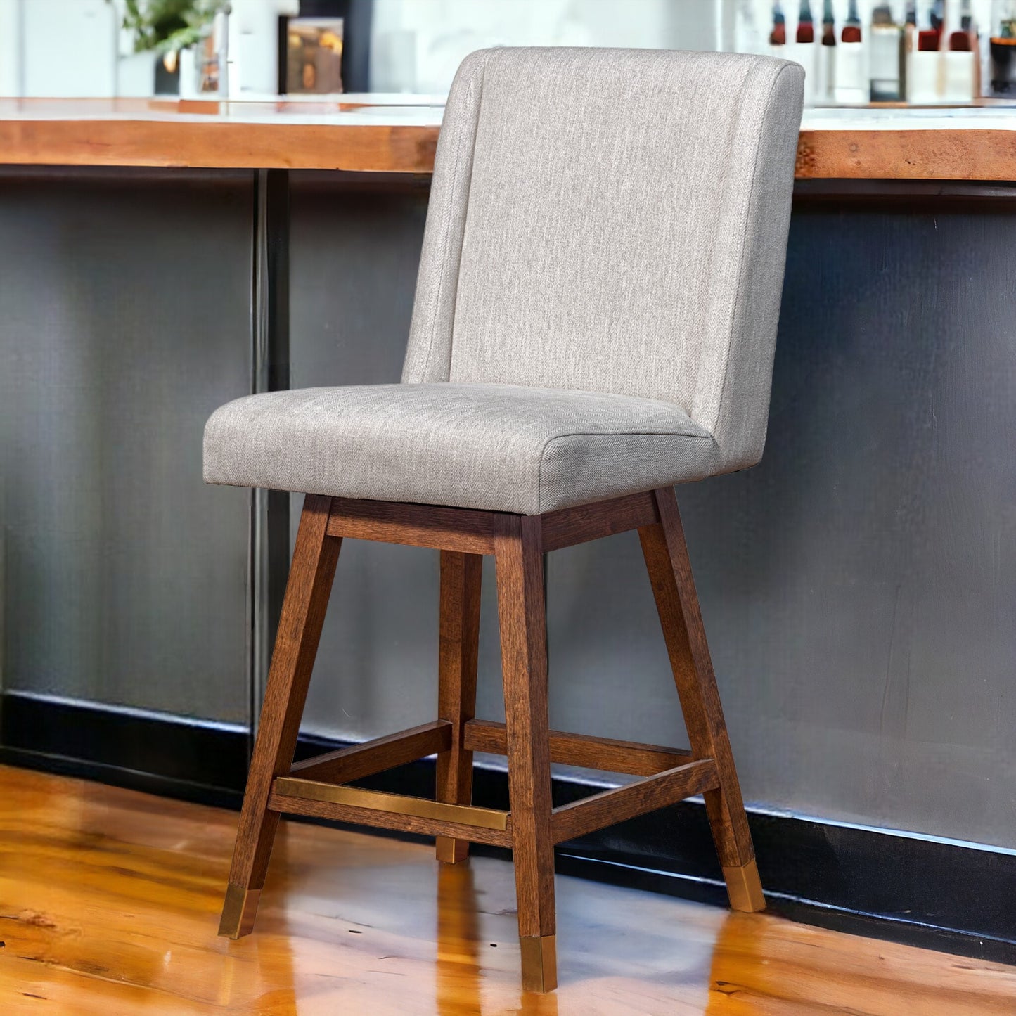 Beige And Brown Solid Wood Swivel Counter Height Bar Chair