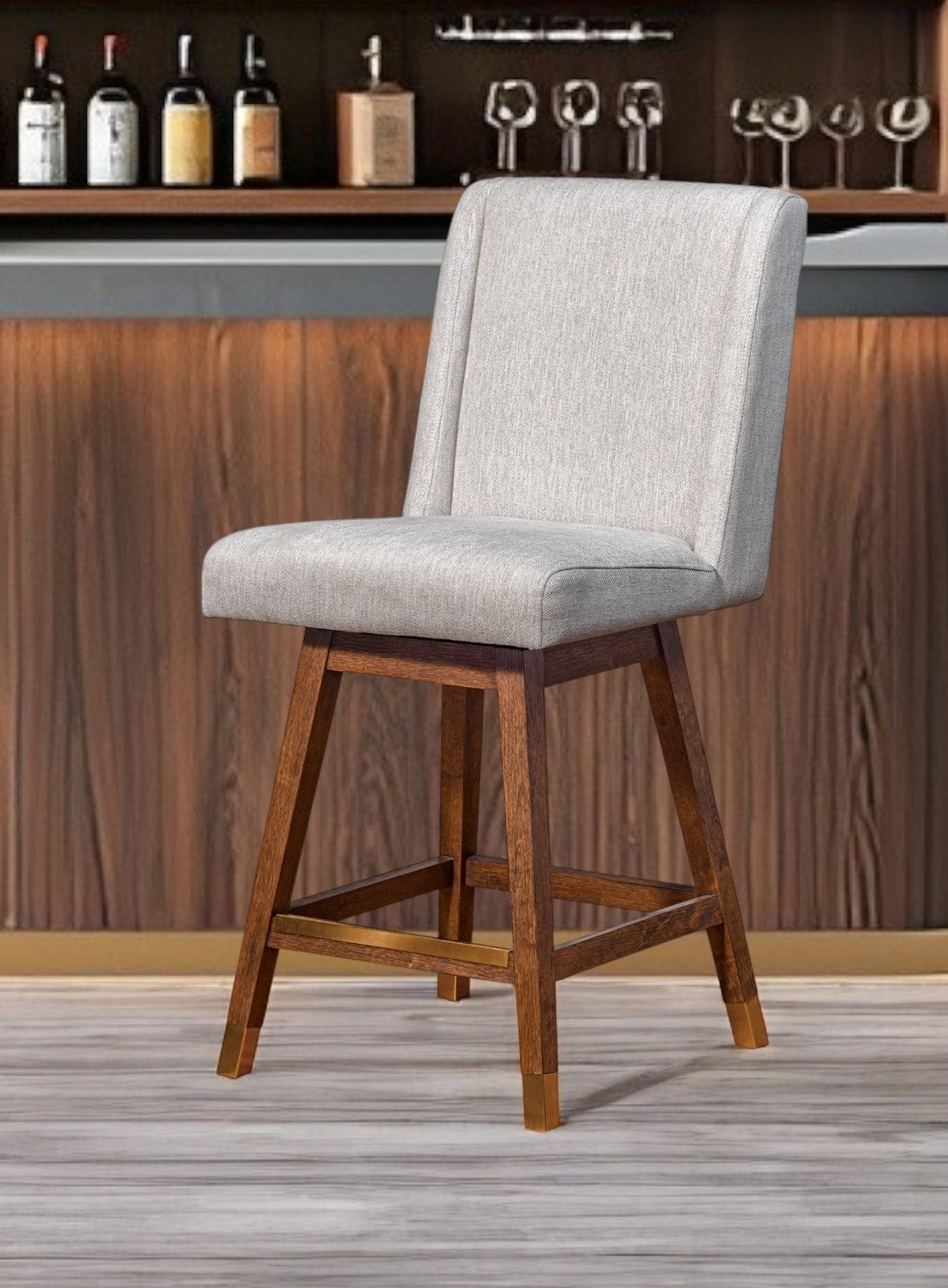 26" Beige and Brown Fabric and Solid Wood Counter Height Swivel Bar Chair