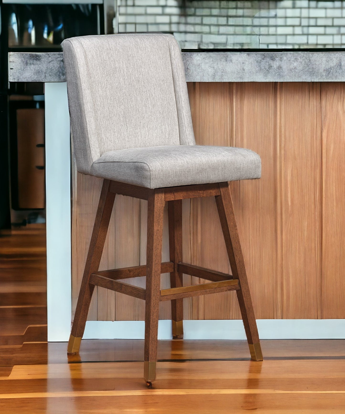 30" Beige And Brown Solid Wood Swivel Bar Height Bar Chair