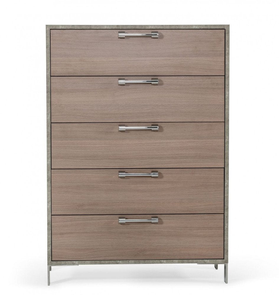 Five-drawer wooden dresser with light brown veneer, slim metal frame & chrome bar pulls.