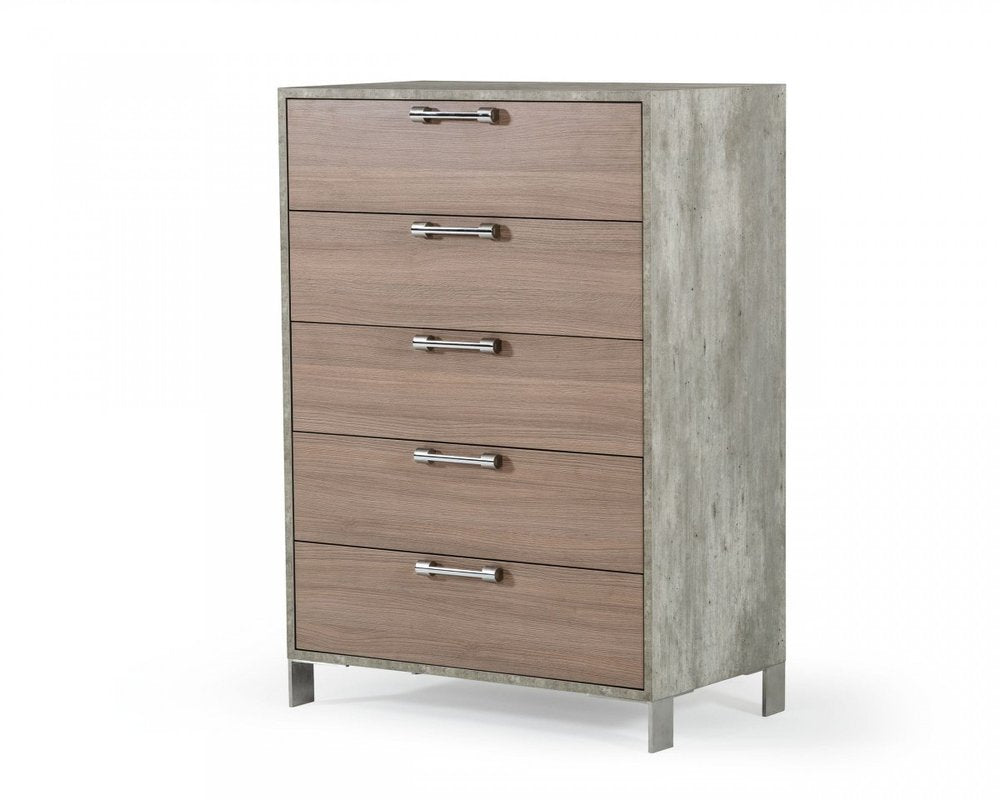 Five-drawer dresser with light wood fronts, concrete-gray sides, and silver bar handles; industrial modern storage.