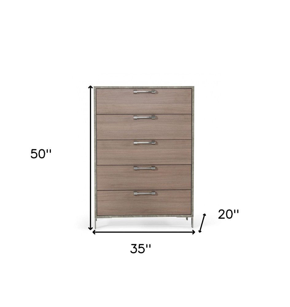 35" Brown Oak And Grey Solid And Manufactured Wood Five Drawer Chest