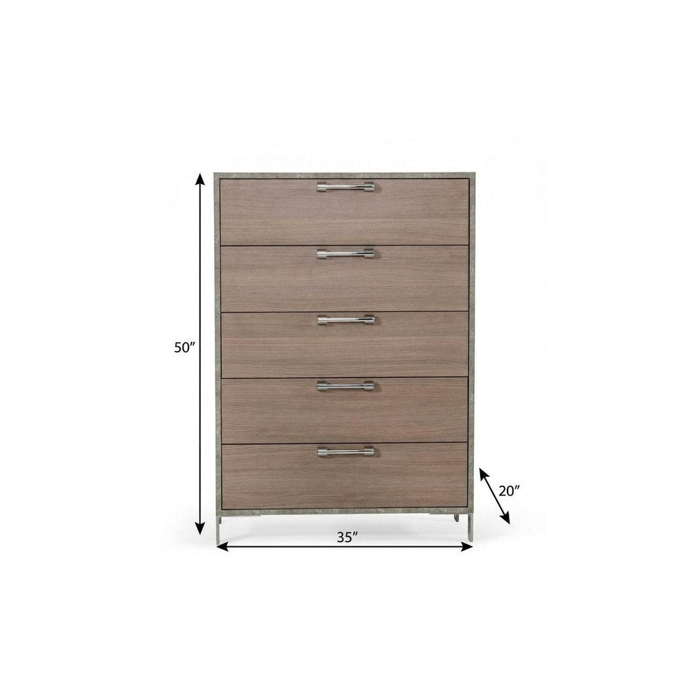 Five-drawer wooden dresser with metal frame & chrome handles; light brown finish, 50" H x 35" W x 20" D.