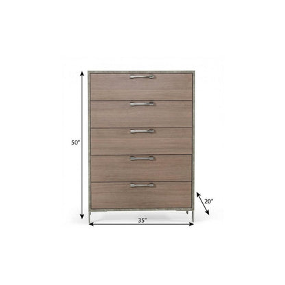 Five-drawer wooden dresser with metal frame & chrome handles; light brown finish, 50" H x 35" W x 20" D.