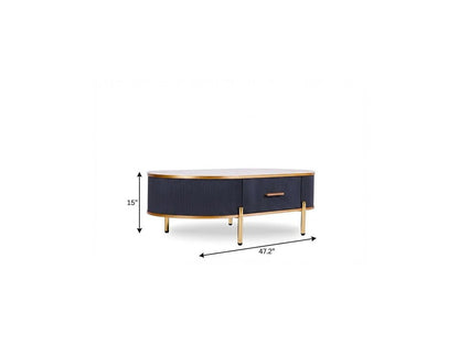 47" White And Gold Stone And Stainless Steel Oval Coffee Table With Drawer