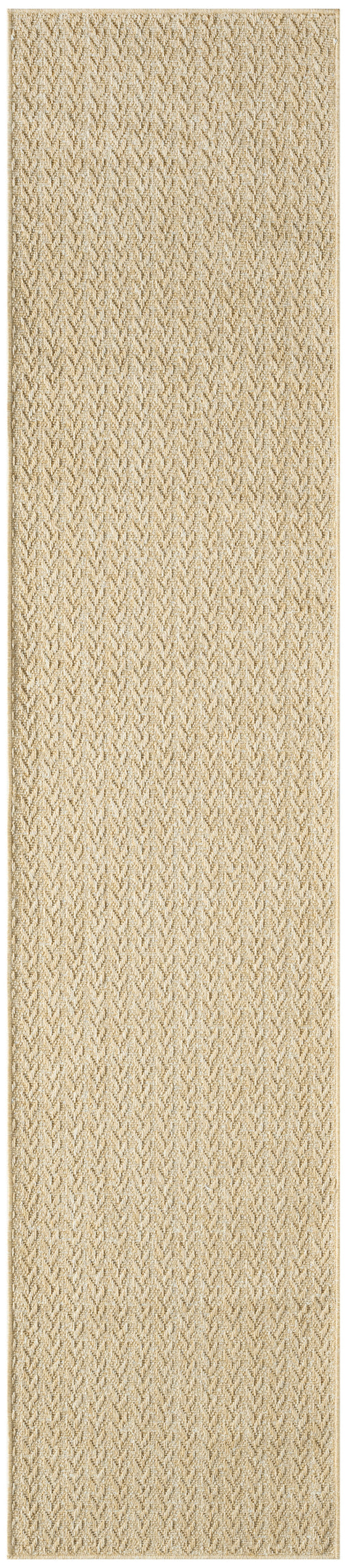 Beige woven rug runner with subtle chevron/herringbone texture and boucle-style loops for hallways.