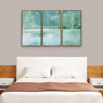 Set Of Three Blue Green Abstract Water with Gold Floater Frame Painting Wall Art