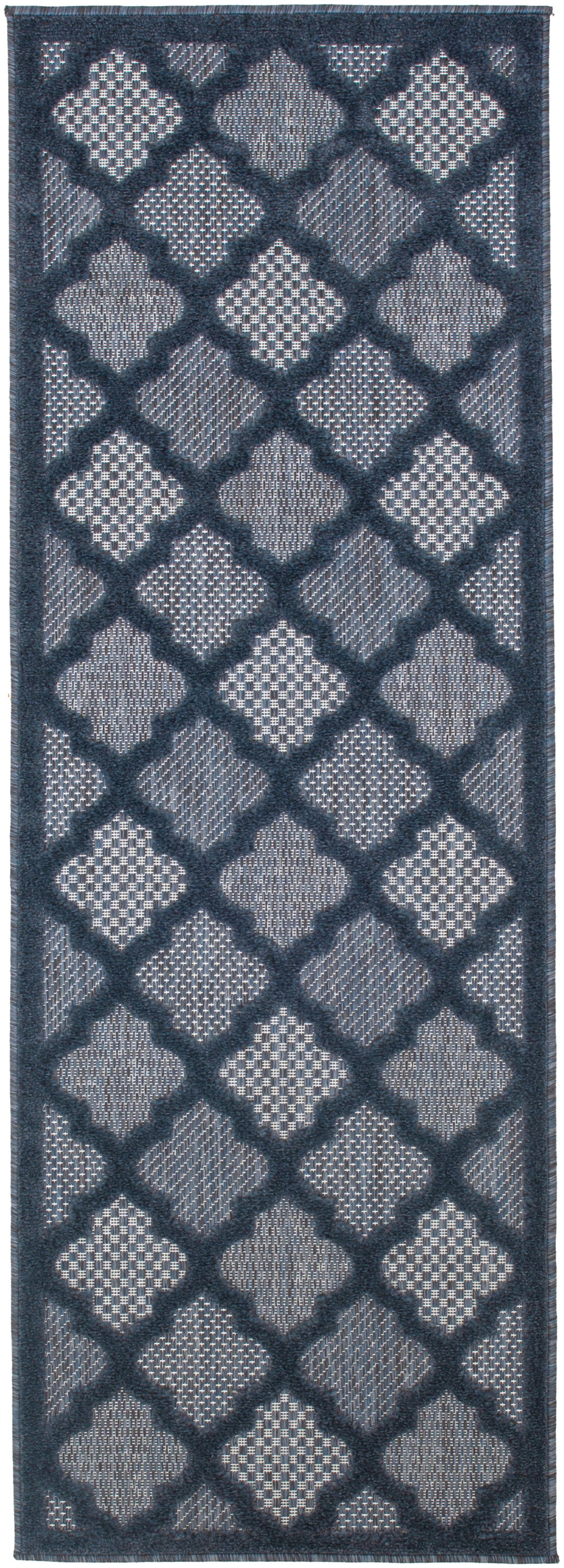 Navy rug runner with diamond lattice pattern in light gray, textured pile, dark border.
