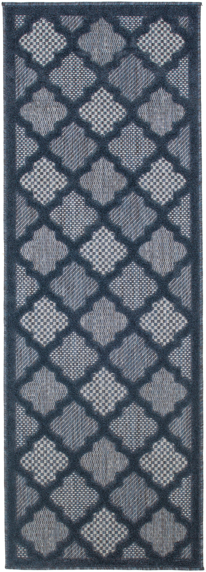 Navy rug runner with diamond lattice pattern in light gray, textured pile, dark border.