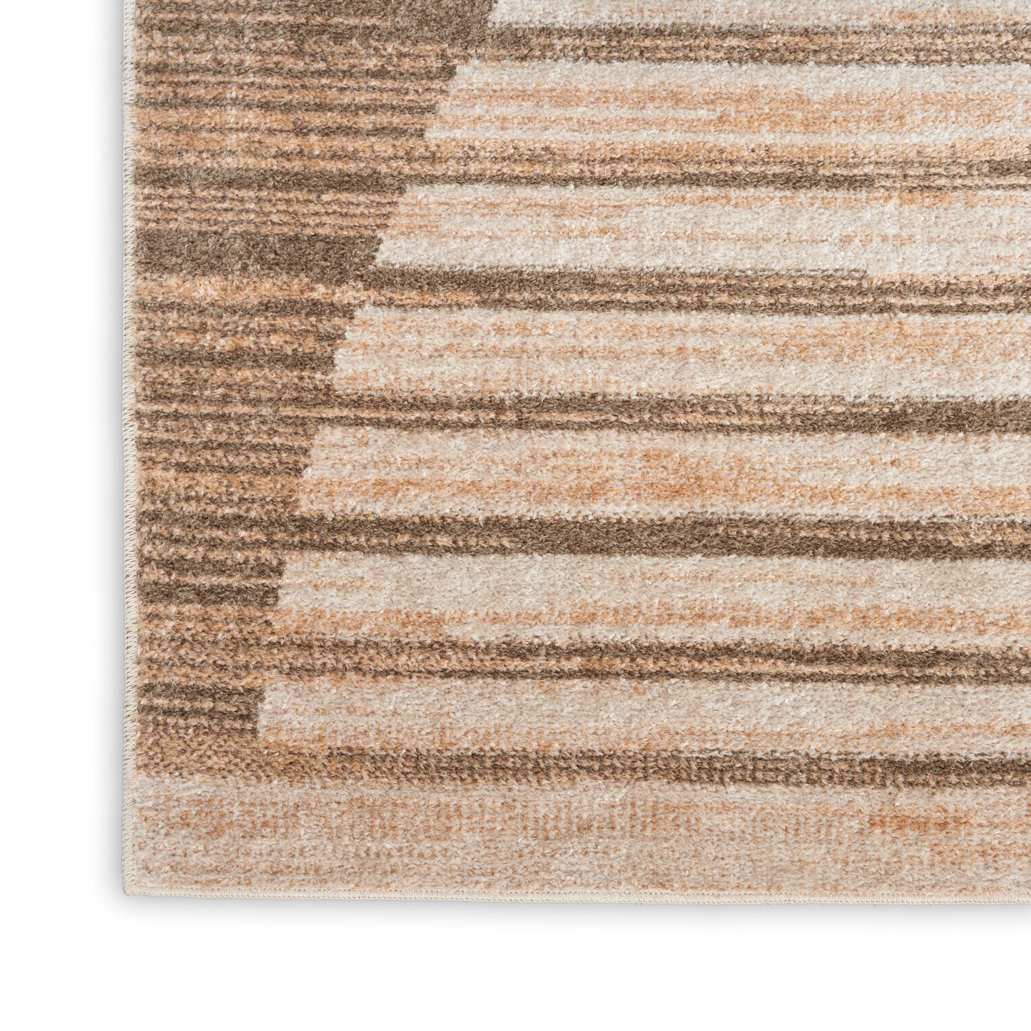 Rectangular beige and brown striped area rug with soft textured loops, suitable for living room decor.