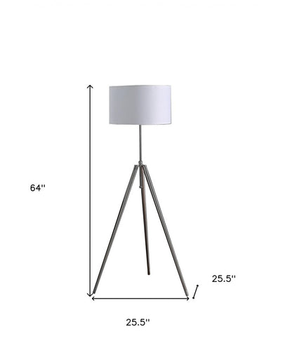 64" Silver Adjustable Tripod Floor Lamp With White Fabric Shade