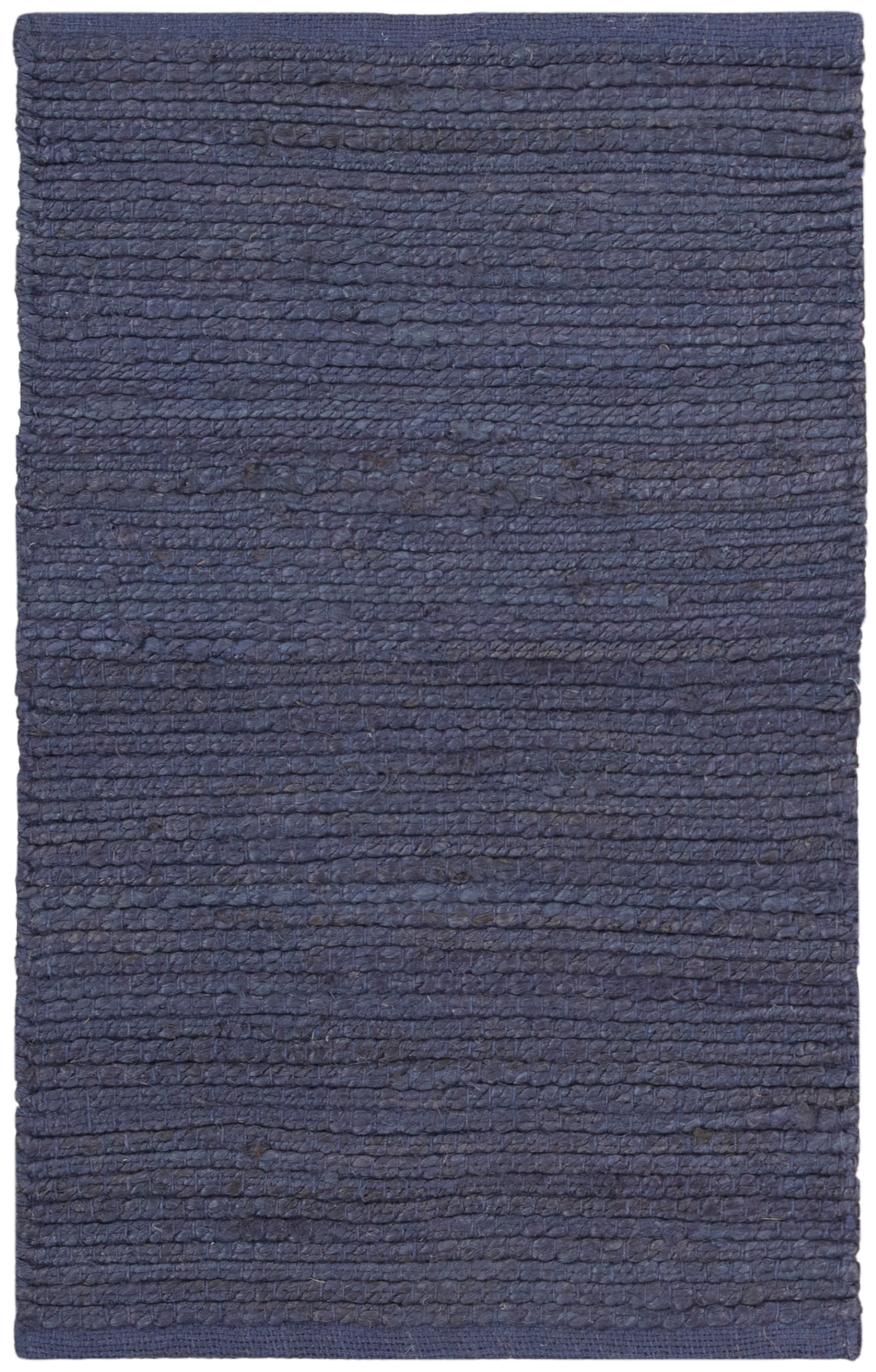 Navy blue rectangular rug with thick ribbed texture; woven.