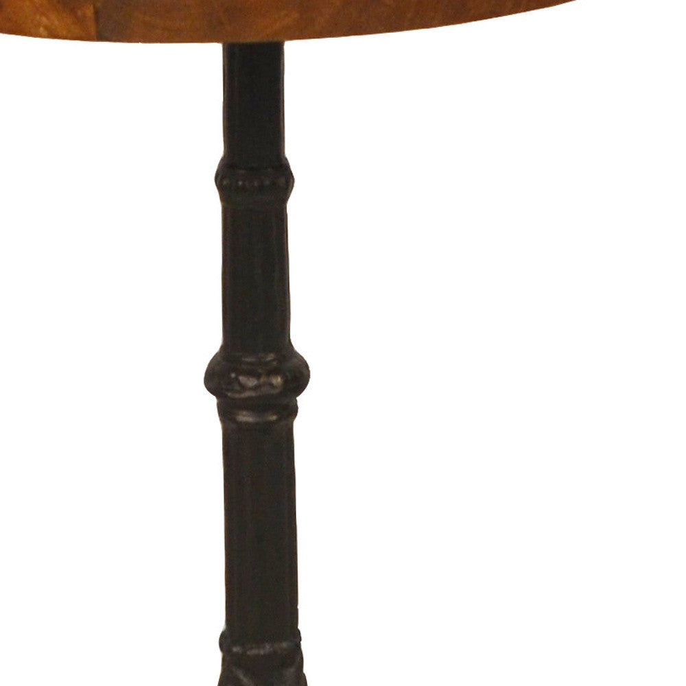 28" Black And Wood Brown Solid Wood And Iron Round End Table