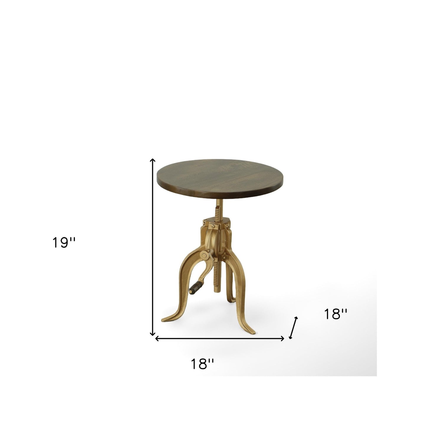 19" Brass Solid Wood And Iron Height Adjustable Round End Table