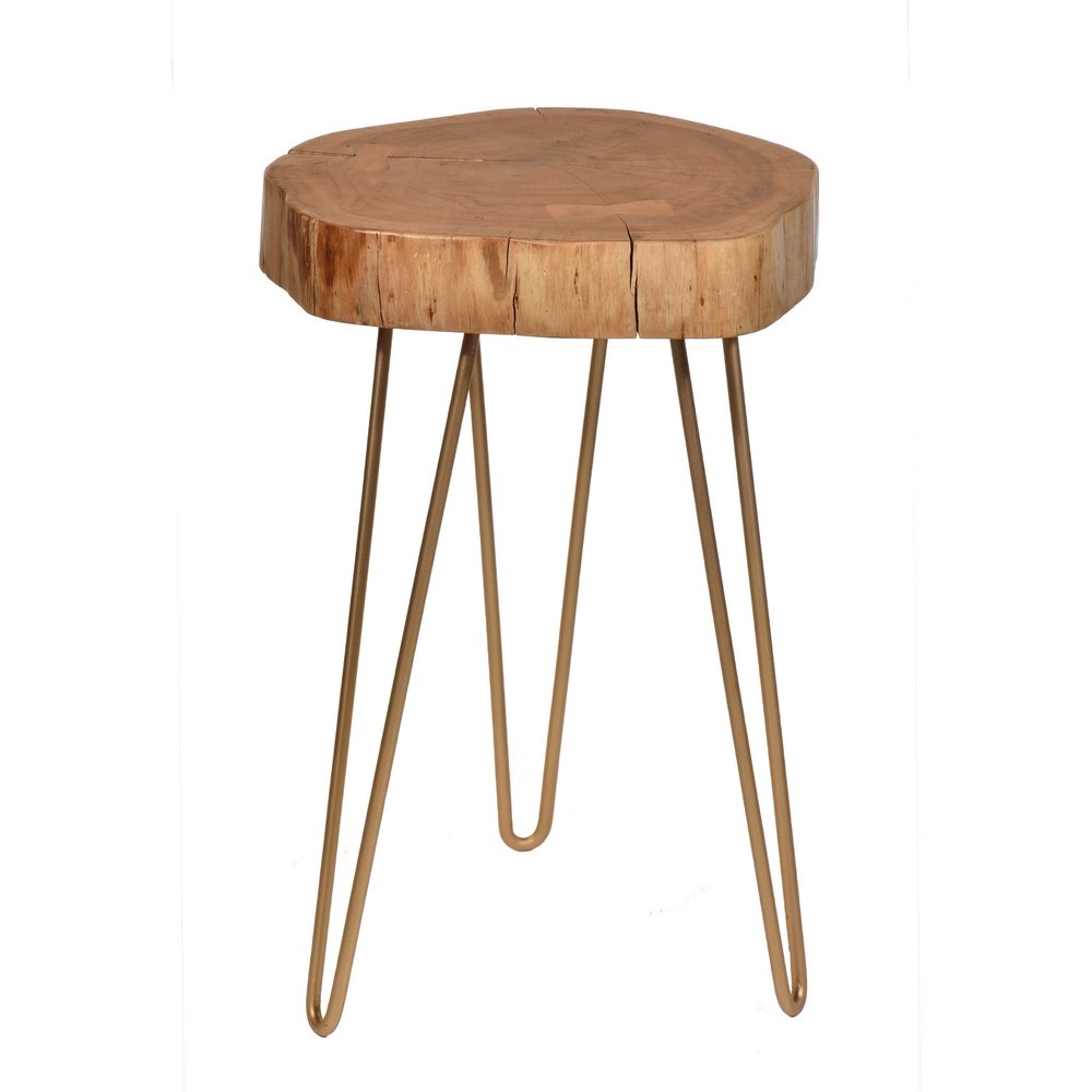 26" Natural And Gold Solid Wood And Iron Round End Table
